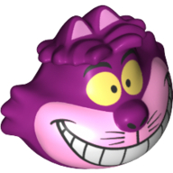 Minifig Head Special with 2 Ears on Top, Yellow Eyes, and Cheshire Cat Grin in Bright Light Pink Muzzle Print Magenta