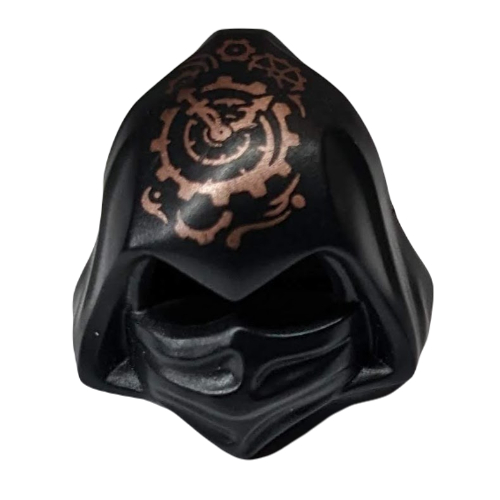 Hood Cowl Pointed, Mask with Eye Holes and Gears and Copper Clock with Spiral Gear Print Schwarz