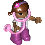 Duplo-Figur mit rotbraunen Haaren mit violettem Stirnband mit Blume, und mittelnougatfarbenem Gesicht und Händen, und magentafarbenen Beinen, mit Stethoskop (Doc McStuffins) in Weiß