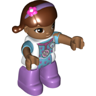 Duplo Figure with Reddish Brown Hair with Purple Headband with Flower, and White Jacket over Medium Azure Top with Dark Pink Paw Prints, Medium Nougat Face and Hands, Medium Lavender Legs (Doc McStuffins) Weiß