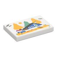 Tile 2 × 3 with Painting of Cabin, Trees, Birds, Car Print