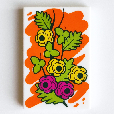 Tile 2 × 3 with Orange Paint, Magenta and Yellow Flowers, Lime Leaves (Painting) Print Weiß