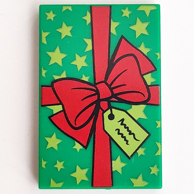 Tile 2 × 3 with Bright Green Stars, Red Ribbon with Bow (Gift) Print Grün