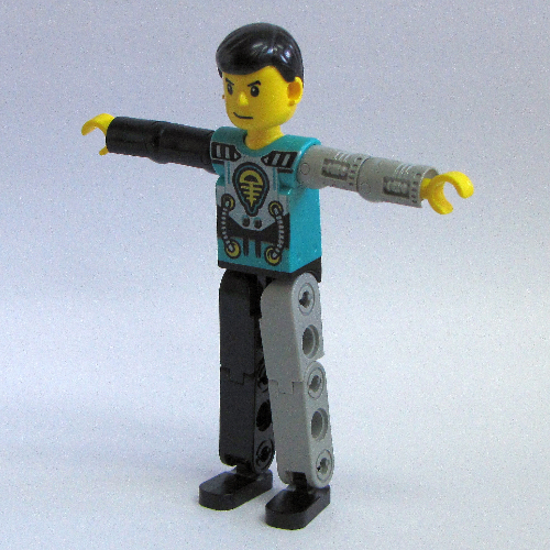 Technic Figure Black/Light Gray Legs, Dark Turquoise Torso with Yellow, Black, Silver Print, Light Gray Mechanical Left Arm [No Color/Any Color]