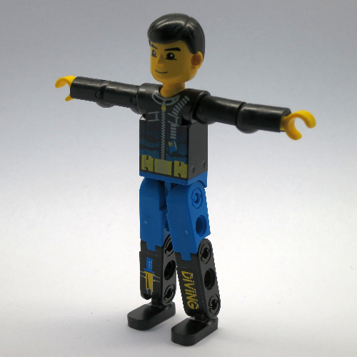Technic Figur blaue Beine, schwarzes Oberteil mit Neoprenanzug mit Reißverschluss (bedruckt) [Taucher]