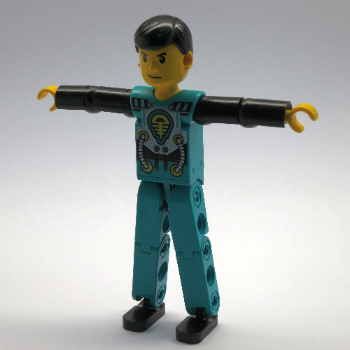 Technic Figur dunkeltürkis Beine, dunkeltürkis Oberkörper mit gelb, schwarz, silber Druck, schwarz Arme [Keine Farbe/Beliebige Farbe]