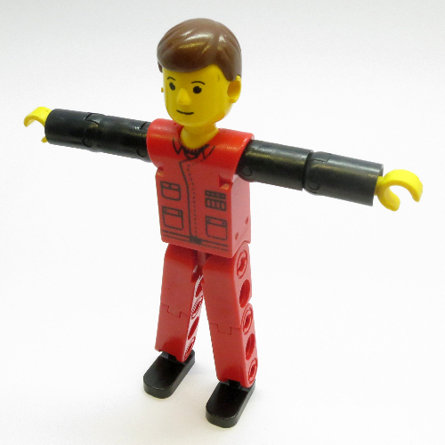 Technic Figur rot Beine, rot oben mit schwarz Druck, schwarz Arme, braun Haare in [Keine Farbe/Beliebige Farbe]