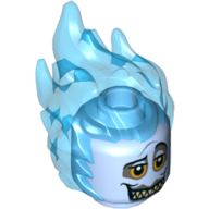 Minifig Head Special with Trans-Light Blue Flames, Orange Eyes, Raised Left Eyebrow, Large Grin Print (Hades) Bright Light Blue