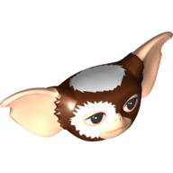 Minifig Head Special with Light Nougat Ears and Face, Dark Brown Eyes, White Fur on Head and Around Right Eye Print (Gremlin Mogwai) Rotbraun