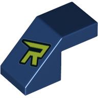 Brick Sloped 45° 2 × 1 with 2/3 Inverted Cutout and no stud with Lime 'R' print Dark Blue