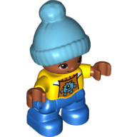 Duplo Figure Child with Knitted Bobble Cap Medium Azure, with Yellow Top with Bib - Medium Nougat Face and Hands - Blue Legs Gelb