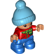 Duplo Figure Child with Knitted Bobble Cap Medium Azure, with Red Top with Green and Lime Striped Scarf - Nougat Face and Hands - Blue Legs Red