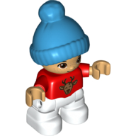 Duplo Figure Child with Knitted Bobble Cap Dark Azure, White Legs, Sweater with Reindeer Head Print Rot