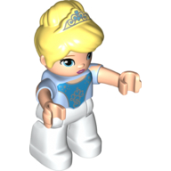 Duplo Figure with Bright Light Yellow Hair with Tiara, Light Nougat Arms, White Legs, Dark Azure Design Print (Cinderella) Bright Light Blue