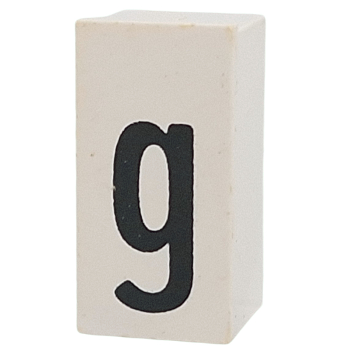 Tile Special 1 × 2 × 5/6 with Stud Hole in End with 'g' print Weiß
