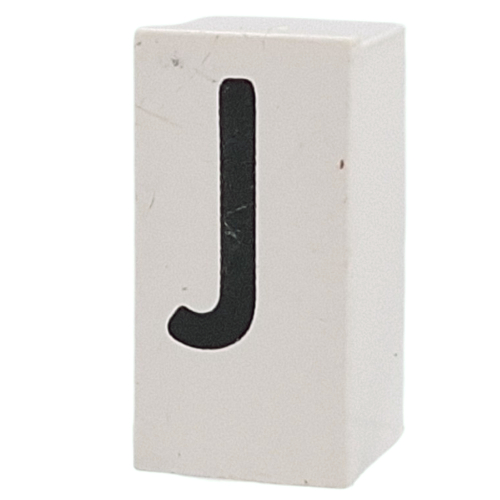 Tile Special 1 × 2 × 5/6 with Stud Hole in End with 'J' print Weiß