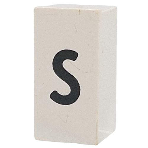 Tile Special 1 × 2 × 5/6 with Stud Hole in End with 's' print White