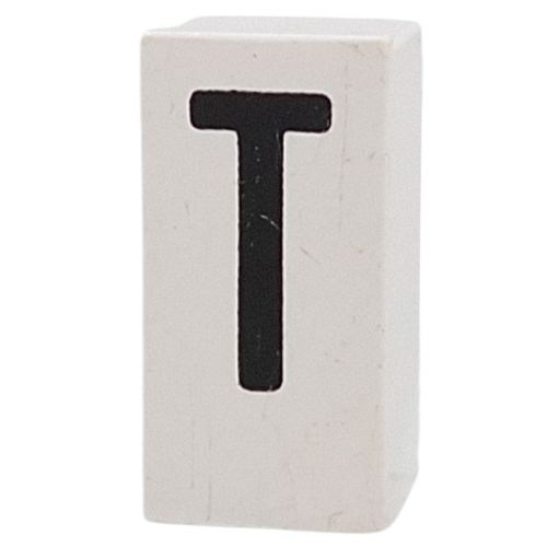 Tile Special 1 × 2 × 5/6 with Stud Hole in End with 'T' print Weiß