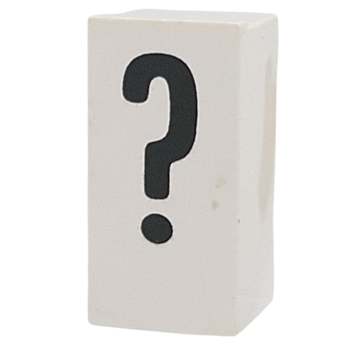 Tile Special 1 × 2 × 5/6 with Stud Hole in End with '?' Print in White