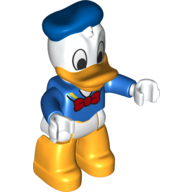 Duplo Figure with Blue Hat and Top with Red Bow Tie - White Hips with Bright Light Orange Legs (Donald Duck) Blue