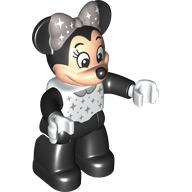 Duplo Figure Minnie Mouse with White Top with Silver Stars and Black Arms - Black Legs White