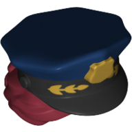 Hair and Hat, Bun, Police with Dark Blue Top with Gold Badge and Laurel Print Dark Red