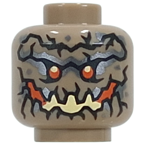 Minifig Head Earth Monster, Rock Texture, Light Bluish Grey Shapes, Orange Eyer, Orange/Bright Light Yellow Rock Mouth Dark Tan