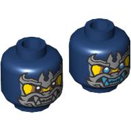Minifig Head Wolf Warrior, Silver Face Mask, Nougat Eye Shadow, Black Eyes / Blue Eyes and Fangs Print Dark Blue