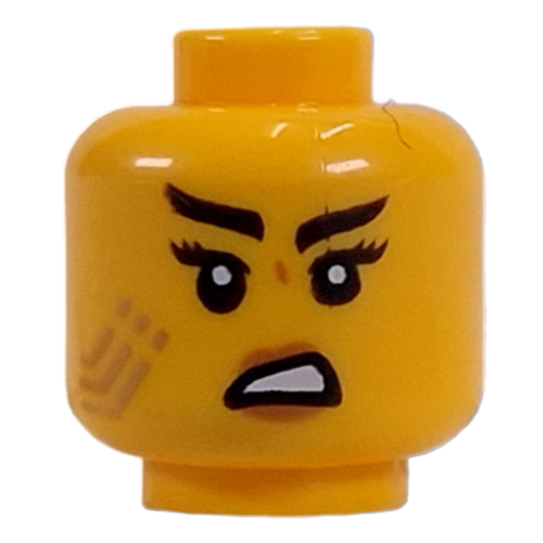Minifig Head Jordana, Gold Circuitry, Black Raised Eyebrow, Confused Smirk / Angry Mean Smirk print Gelb