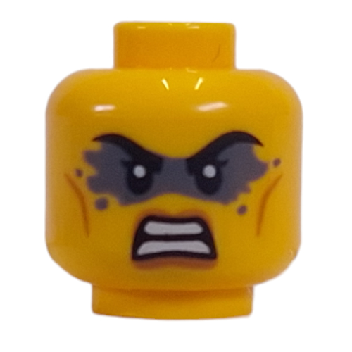 Minifig Head, Dark Bluish Grey Eyeshadow with Angry Clenched Teeth / Stern Print Yellow