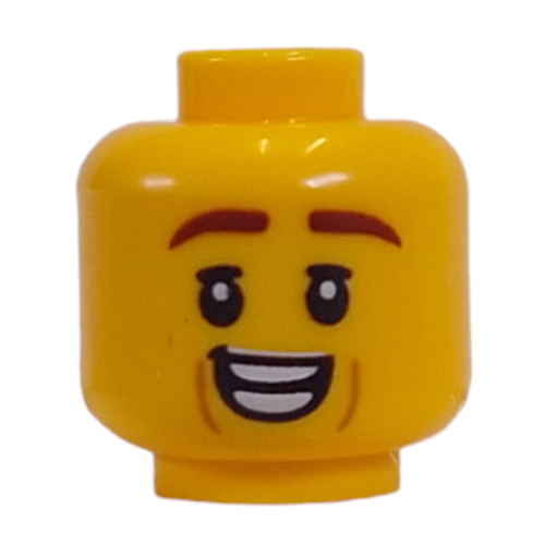 Minifig Head Reddish Brown Eyebrows, Smirk / Nervous Smile print Yellow