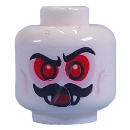 Minifig Head Bat-Lord, Red Eyes, Moustache, Fangs, Mean Smile with Sand Blue Eyeshadow / Open Mouth with Red Eyeshadow Print Weiß