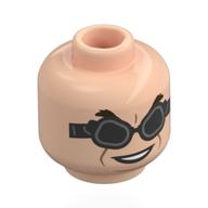 Minifig Head Doc Ock, Black Google, Dark Brown Eyebrows, Open Mouth Mean Smile / Worried Light Nougat