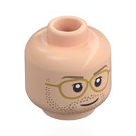 Minifig Head Ryland Grace, Dark Tan Eyebrows, Stubbled Beard, Gold Glasses / Open Mouth Smile Light Nougat