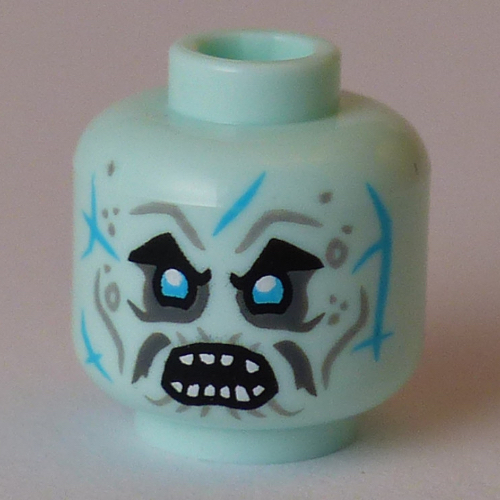 Minifig Head Grimfax, Silver Eyes, Moustache, Azure Lines, Teeth, Closed Mouth / Open Mouth Hellaqua