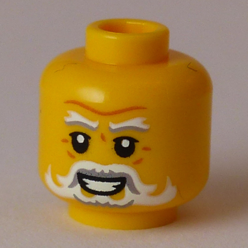 Minifig Head Hibernus, White and Grey Eyebrows, Bears, Moustache, Smile with Teeth / Angry Yellow