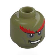 Minifig Head Ganondorf, Large Red Eyebrows, Dark Bluish Grey Eyeshadows, Lines, White Eyes, Mean Smile / Yellow Eyes, Angry Olivgrün