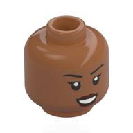 Minifig Head, Thin Black Eyebrows, Dark Red Lips, Smile Sienna Brown
