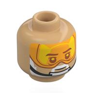 Minifig Head Carson Teva, Dark Bluish Grey Eyebrows, White Beard, Neutral / Black Chin Strap, Trans-Orange Visor Warm Tan