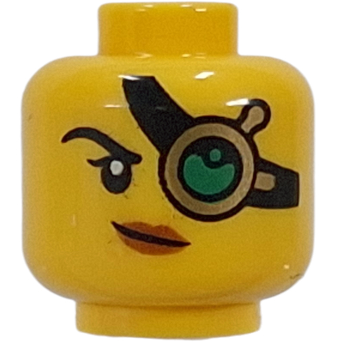 Minifig Head Monster Hunter, Gold Monocle, Black Strap, Green Lens, Peach Lips, Smirk / Open Mouth Smile Yellow