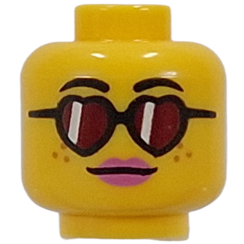 Minifig Head, Bright Pink Lips, Open Mouth Smile / Heart-Shaped Glasses, Red Lenses Gelb