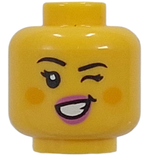 Minifig Head Cute Witch, Bright Pink Lips, Cheeks, Open Mouth Smile / Wink Gelb