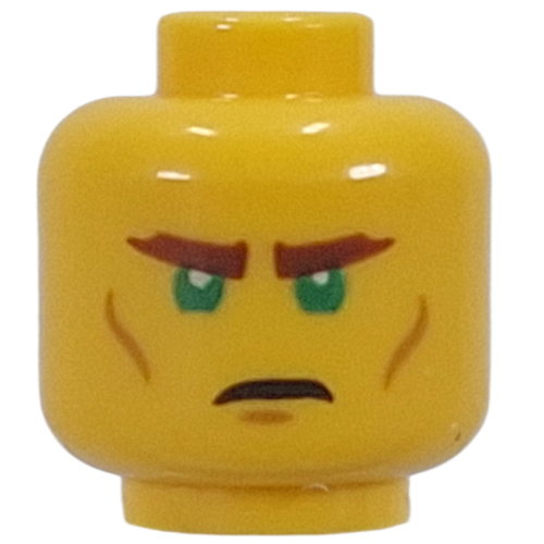 Minifig Head Mysterious Ronin, Dark Orange Eyebrows, Cheek Lines, Green Eyes, Stern / Confused Gelb