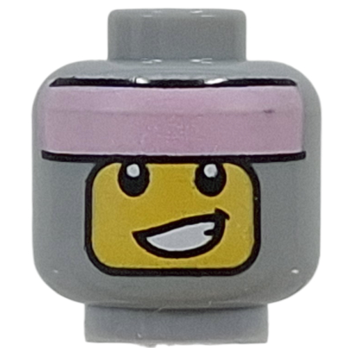 Minifig Head, Yellow Face, Lopsided Smile, Metal Pink Bandana Light Bluish Gray
