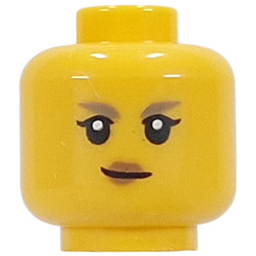 Minifig Head Mira, Dark Tan Eyebrows, Peach Lips, Frowned Smile / Angry Scowl Yellow