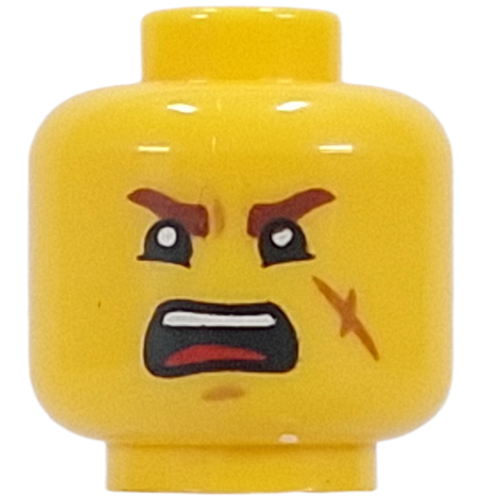 Minifig Head Jin, Dark Red Eyebrows, Scar, Open Mouth Smile / Scream Gelb