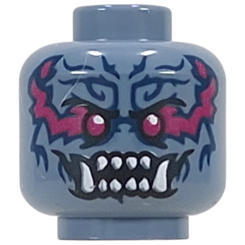 Minifig Head Oni Warrior, Dark Purple Eyes, Magenta/Dark Blue Markings, White Sharp Teeth, Fangs Sandblau