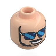 Minifig Head Ken Block, Black Beard, Moustache, Open Mouth Smile, Dark Blue/Azure Glasses Light Nougat
