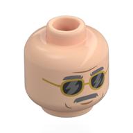 Minifig Head Dr. Gerry Harding, Dark Bluish Grey Eyebrows, Moustache, Gold Sunglasses with Black Lenses Light Nougat
