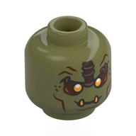 Minifig Head Orc, Yellow Eyes, Reddish Brown Lines, Dark Tan/Brown Shape on Forehead, Yellow Fangs, Closed Mouth / Open Mouth Olivgrün